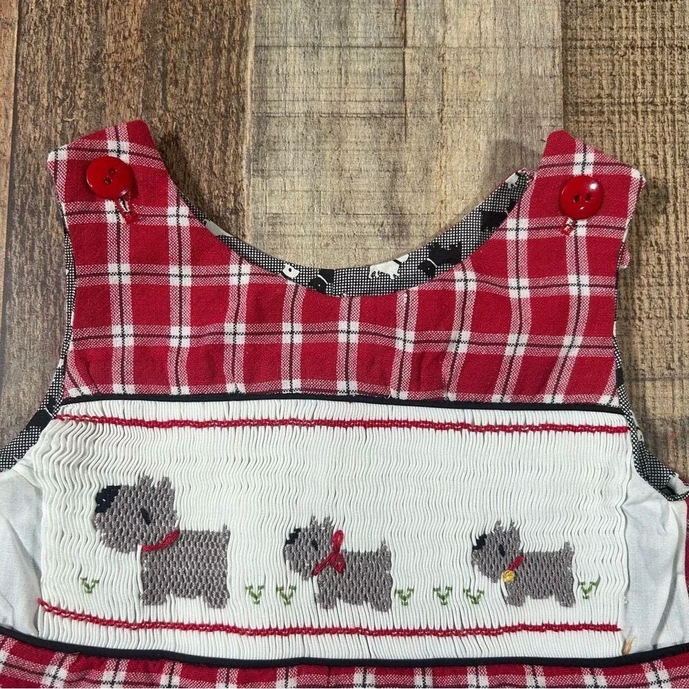 Hand Smocked Baby Romper 3 Months Scottie Dog Plaid Handmade Lined Vintage